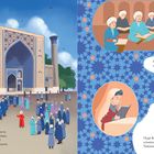 Der Text beschreibt Ulugh Begs Errungenschaften. Links: eine Moschee, Leute in traditionellen Gewändern. Rechts: Lehrer und Schüler.