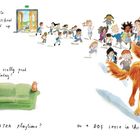Text: "He went back to thinking about school to cheer himself up. But... what if something really good happened there today? Like an EXTRA playtime? Or a DOG loose in the CORRIDORS?" Illustration: Viele Kinder rennen fröhlich von einer Tür, gefolgt von einem großen, roten Hund mit einem Ball im Maul. Ein Junge sitzt nachdenklich auf einem grünen Sofa neben einer Katze.