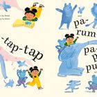 Texte: "There's a drummer in my head... tap-a-tap-tap... pa-rum-pa-pum-pum". Illustrationen: Kind, blaue Tiere und Figuren.