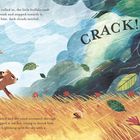 Text: "CRACK! As the storm rolled in, the little buffalo took a deep breath..." Ein kleiner Büffel in einer stürmischen Wiese.