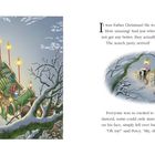 Text: "It was Father Christmas! He was really there, in the park! How amazing! [...] My, oh my!” Illustration: Weihnachtsmann mit Schlitten im Schnee.