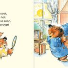 Text: "Hello coat, hello hat. Dressed so soon, imagine that!" 
Ein Bär zieht im Zimmer einen blauen Mantel an.