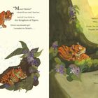 Links: Ein Tigerjunges sucht seine Mama und schläft in Blumen ein.  
Rechts: Junges trifft ein schwarz-weißes Tier vor einem Baum, sie sprechen.