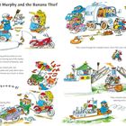 Sergeant Murphy stellt Strafzettel aus, während Bananas Gorilla Bananen stiehlt und auf einem Motorrad flieht. Lebendige Illustration.