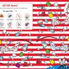 Ein farbenfrohes Wimmelbild mit roten Streifen und vielen bunten Gegenständen. Suche nach einem Hut tragenden Charakter.