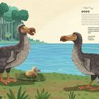 Text: "DODO, Scientific Name: Raphus cucullatus, Extinct (last seen 1662)." Zwei Dodos am See, ein Dodo-Küken, Bäume im Hintergrund.