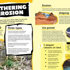 "Weathering & Erosion" im Comic-Stil. Haupttexte: Weathering, Erosion, Ice power, Three types, 5 deepest canyons.