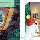 Links: "Next, he saw a boy curled up with his favourite book. Great for scaring, he thought."
Rechts: "He flew up the ladder, took a deep breath and..."
Illustration eines Geists, der einen Jungen beim Lesen beobachtet.