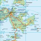 Karte der Orkney-Inseln mit Orten wie Kirkwall und Scapa Flow, Verkehrsrouten und Sehenswürdigkeiten.
