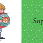Text: "Tiger Food", "Sophie". Illustration eines Mädchens mit Dose, daneben grüner Hintergrund mit Sternen.