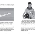 Links Text über Training für Weltraumspaziergänge, darunter Illustration eines Jets. Rechts Astronautin mit Helm und Text.