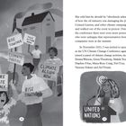 Proteste mit Schildern: "RISE TOGETHER", "TAKE ACTION NOW", "CLIMATE JUSTICE". Text über Klimakonferenz.