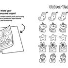 Links oben steht: "Ready to make your Christmas merry and bright?" Rechts oben: "Colour Testing Page!" Enthält Ausmalbilder.