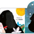"Here is my nose" und "and a coat so dark", Hundeillustration mit Mond, Sterne und Blumen in lebhaften Farben.