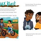 "BMX Blast" steht oben. Zwei Kinder, Denzel und Jazz, unterhalten sich über eine BMX-Route bei "Seven Ducks Track".