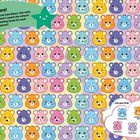 Text: "Care Bear Stare! Check out all these cute Care Bears... Can you spot the matching faces?" Farbiges Bärengesicht-Muster.