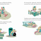 Texte: Fenster geputzt, Sockel poliert, Wände gewischt. Illustration: Maus reinigt Museum mit Besen und Mopp.