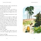 Links: "Oh!" sagte Pooh. Gespräche über Tiggs Frühstück. Rechts: Illustration von Pooh, Tigger und Piglet in einer Landschaft mit Bäumen.