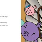 Text über viele Stufen bis zum Uhrzimmer. Farbig illustrierte Figuren steigen eine Wendeltreppe hinauf.