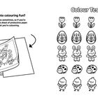 Zwei Überschriften: "Ready to spring into colouring fun?" und "Colour Testing Page!" Illustrationen von Blumen, Eiern, Hasen, Marienkäfern, Küken.