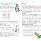 „Ready to write“ checklist: die vier Ps. Haltung, Stiftgriff, Papierposition, Druck. Illustration eines Pinguins mit Papier.