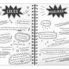 Zwei Seiten eines Notizbuchs mit "LIKES" und "DISLIKES" in großen Buchstaben. Links Vorlieben wie Unipugs, heiße Schokolade, rechts Abneigungen wie lange Versammlungen, peinliche Eltern. Viele kleine Skizzen und handschriftliche Notizen umrahmen die Texte.