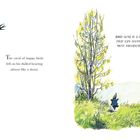 Text: "The carol of happy birds fell on his dulled hearing almost like a shout." "Bird song is a lullaby that can soothe the most troubled soul." Illustration: Ein Vogel fliegt, ein Baum und ein kleiner Mensch in Gras.