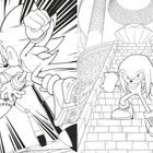 Links: Ein dynamischer Igel schlägt einen Roboter. Rechts: Eine kämpferische Figur steht auf einer Treppe vor einer Burg.