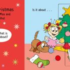 Text: "It's almost Christmas for the Grinch, Max and Cindy-Lou Who! But what is it all about?" und "A sparkly star? Shiny tinsel?" Illustration des grünen Grinch, Hund Max und Cindy-Lou Who vor einem geschmückten Baum.