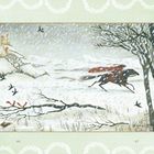 Zahl 64 und 65 unten. Eine Schneelandschaft mit einem Reiter, Burg im Hintergrund, Vögel und Eichhörnchen.