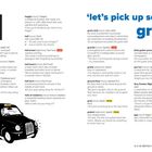 Text: „let’s pick up some grub“. Seite zeigt britische Begriffe wie „hacked off“ und „haggis“. Illustration eines schwarzen Taxis.
