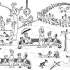 Illustration: Humorvolle Szenen mit Menschen, Tieren und seltsamen Objekten in einer surrealen Landschaft ohne Text.