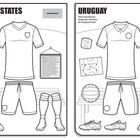 Links "UNITED STATES". Text: US-Fußballteamrekorde. Rechts "URUGUAY". Text: WM-Sieg 1930. Fußballtrikots gestaltbar.