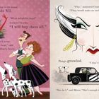 Text: Cruella de Vil will Dalmatiner kaufen. Herr Dearly lehnt ab. Cruella plant ein Pelz. Pongo und Missis mögen sie nicht.  
Illustration: Cruella in langem Kleid, Dalmatiner, Auto.