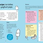 Rezept: Eis am Stiel & Joghurt-Pops. Anleitung, Behälter, Sticks, Geschmacksrichtungen wie Wassermelone, Banane, Kokosnuss. Illustrationen von Eis.