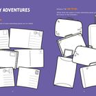 Text: "My Adventures", "Where I've Been", "Where I'd Like to Go". Illustration von Postkarten und Koffern auf lila Hintergrund.