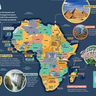 "Africa. Half above Equator, Sahara. Below Equator: grasslands, rainforests. Morocco red city. Nile River: 11 countries. Pyramids."