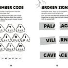 Links: "NUMBER CODE", Rechenaufgaben auf Steinen, um Wetter zu entschlüsseln. Rechts: "BROKEN SIGNS", Schilderteile verbinden.