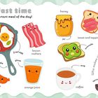 "Breakfast time. It’s the most important meal of the day! Who makes your breakfast each day?" Illustration mit niedlichen Frühstücksarten.