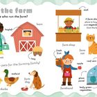 Illustration einer Farm mit Tieren und Menschen. Text: "Life on the farm", "farmhouse", "barn", "farm shop".