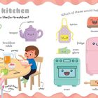 Texte: "In the kitchen", "What would you like for breakfast?", "Which of these would help to make a smoothie?". Illustration einer Familie beim Frühstück, Küchenutensilien beschriftet.