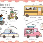 "On the go!", "How do you like to get out and about?", "walking to work", "segway", "electric bike", "scooter", "school bus", "ambulance", "police car", "ice cream van", "bus stop". Zeichnung von Fortbewegungsmethoden.