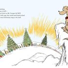 Ein Hund sitzt auf einem verschneiten Berg, schaut auf singende Menschenkette und geschmückte Weihnachtsbäume.