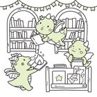 Drei kleine Drachen lesen Bücher in einer Bibliothek. Einer speit Feuer, die anderen blättern durch Bücher. 