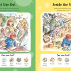 Links: "A Day Out", Familie unterwegs. Rechts: "Beside the Sea", am Meer spielen. Unten Suchspiel mit Gegenständen.