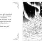 Text links: Aurora-Zyklen vergehen, Monde füllen den Himmel. Dann erhebt sich ein Aurora... Ein weiterer Mond fiel.  
Rechts Illustration: Drachen fliegen um einen Berg unter dem Nordlicht.