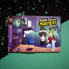 Text: "Middle School Monsters", "Robin Easter", "UPSTAGED". Zwei Figuren im Zimmer, eine auf dem Bett, eine am Boden, mit Comics-Stil.
