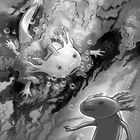Zwei axolotl-ähnliche Kreaturen schweben im Wasser, umgeben von Luftblasen und dunklen Felsen. Illustration in Grautönen.