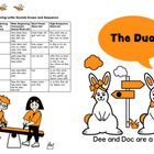 „The Duo“, „Dee and Doc are a duo“. Tabelle mit Wörtern und zwei Hasen mit Hinweisschild im Cartoon-Stil.