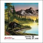 Saturday 26, Sunday 27 JUNE. Eine Landschaft mit Hütte, Bergen, Fluss und Wasserfall in einer Illustration.